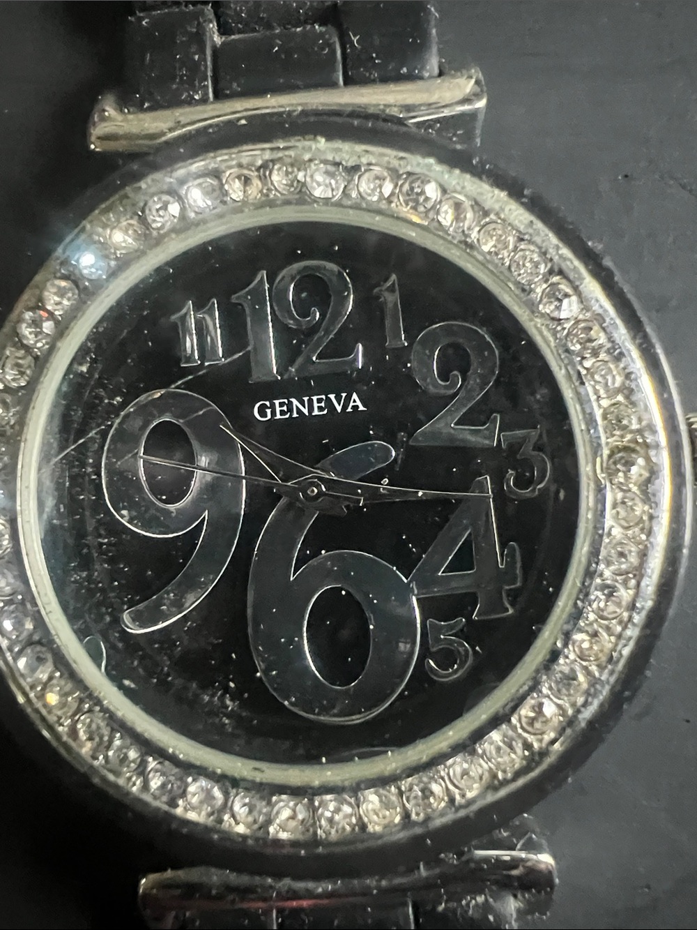 Geneva Black Dial Crystal Bezel Women's Watch